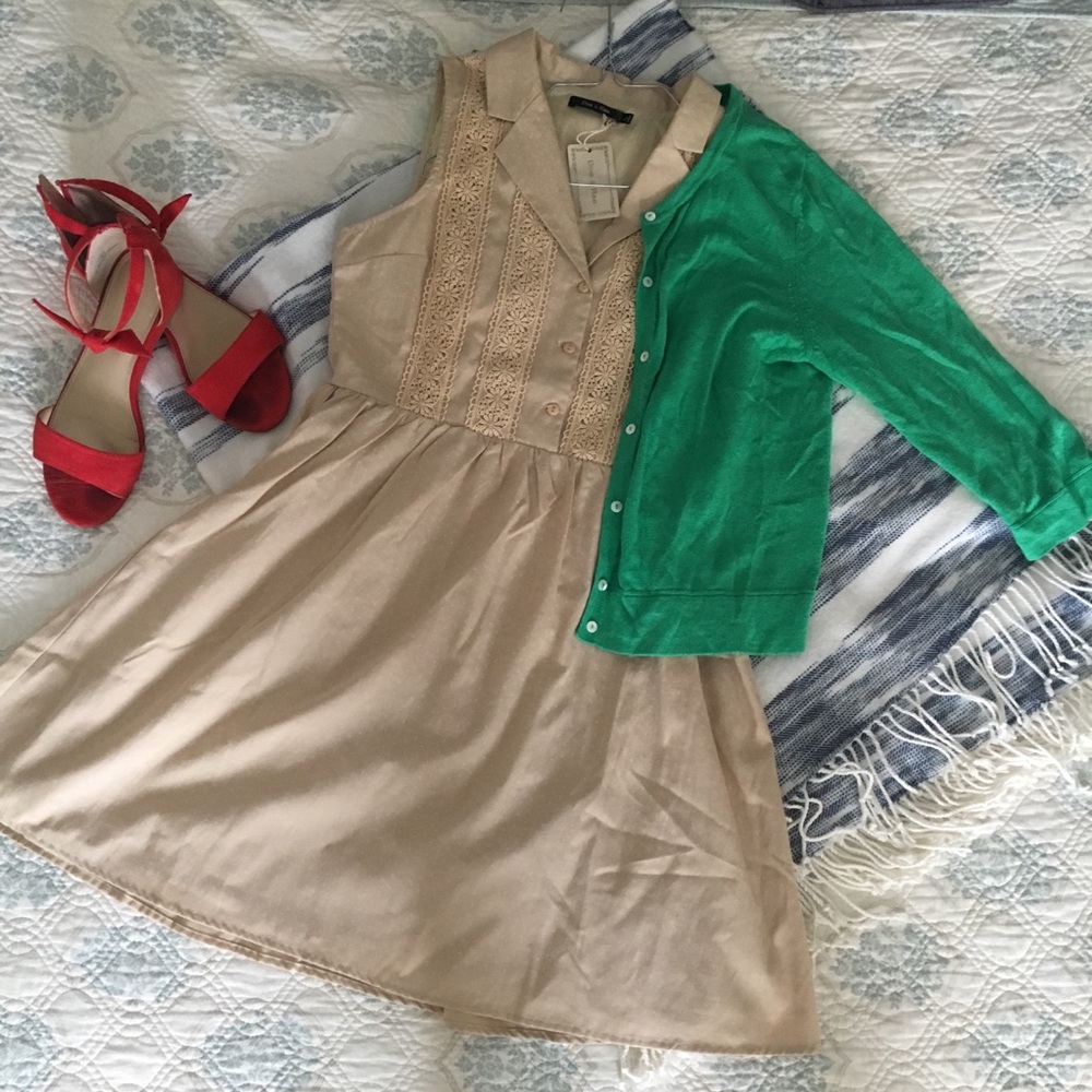 Doe & Rae Tan Polkadot Button Up Lace Front Dress